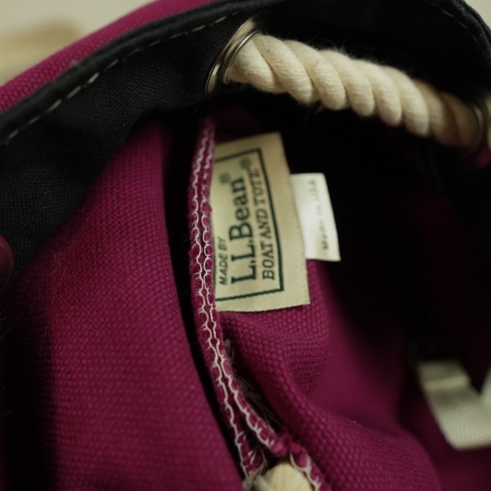VTG LL Bean Boat Tote Barrel Bucket Bag Magenta Canvas Nautical Rope Made USA - Picture 5 of 12
